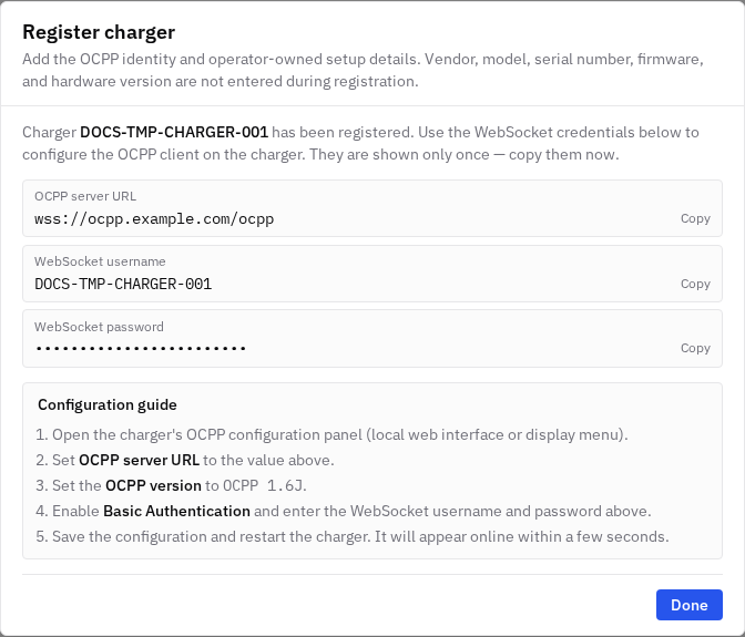 One-time credentials screen with the OCPP server URL, username, password, and the five-step configuration guide