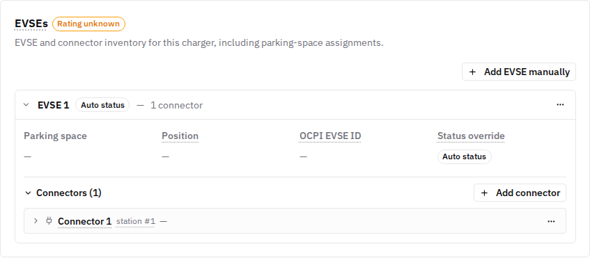 EVSEs panel on the Setup tab showing one EVSE with its parking space and three connectors with their power ratings