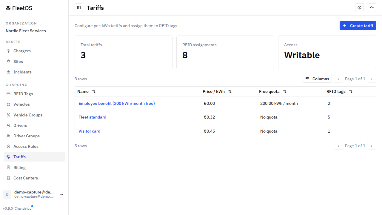 The Tariffs page, with the list of tariffs, their price per kWh, free quota, and how many RFID tags use each one
