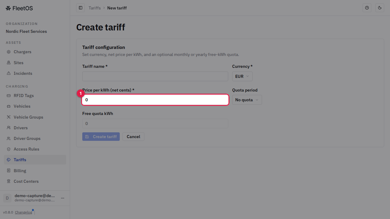 The Create tariff form: name, currency, price per kWh in net cents (highlighted), quota period, and free quota