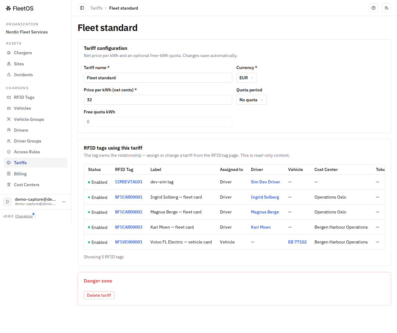 A tariff's detail page: configuration fields that save automatically, and the read-only list of RFID tags using the tariff